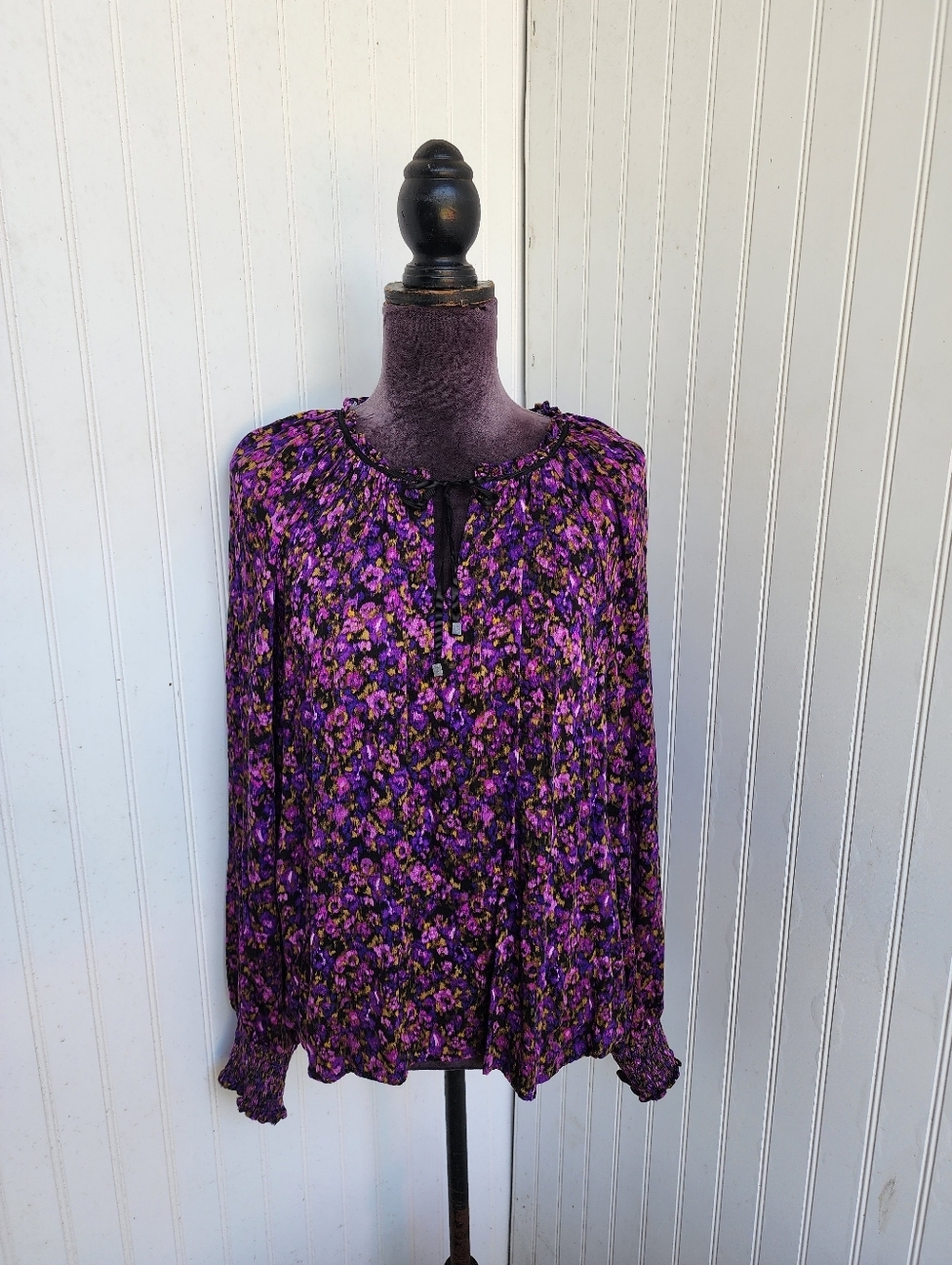 Democracy Womens Ruffle Edge V-Neck Floral Print Woven Long Sleeve Top Purple  L - Picture 4 of 16